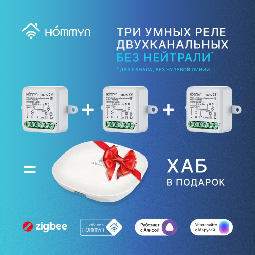 Комплект три умных реле (2 канала без нейтрали) и хаб HOMMYN RNN02HOMKIT09