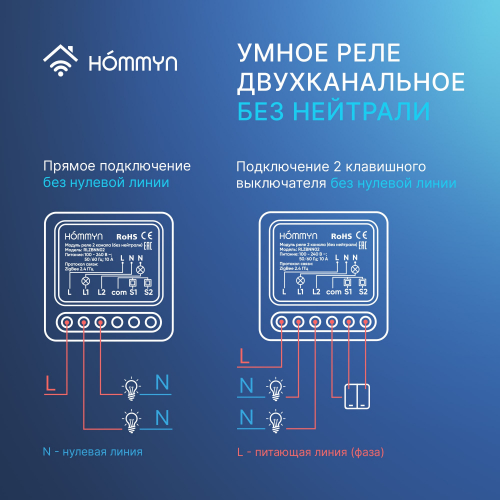 Комплект три умных реле (2 канала без нейтрали) и хаб HOMMYN RNN02HOMKIT09
