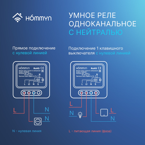 Комплект: три умных реле (1 канал с нейтралью) и хаб Hommyn RN01HOMKIT10