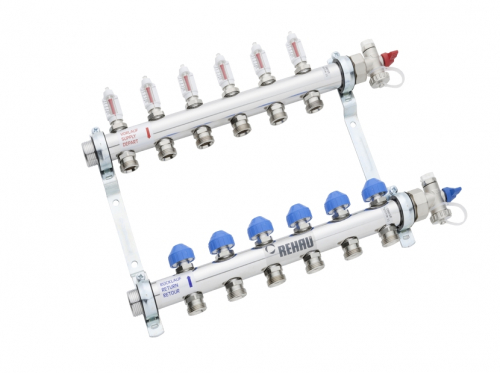 Коллектор REHAU распределительный HKV-D 1quot;х3/4quot;ЕК 6 вых. нерж. сталь с расходомерами